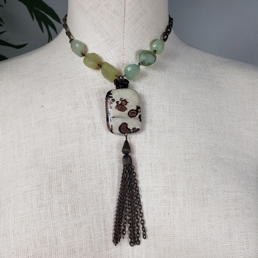 David Aubrey Green Agate & Zebra Jasper Boho Artisan Antique Brass Hardware